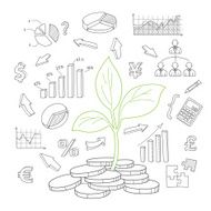 Money tree sprout and financial symbols vector sketch N3