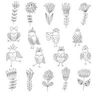 Set of cute birds in different actions with flowers N2