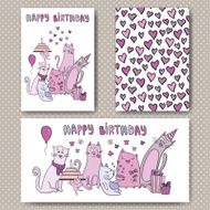Birthday cards design with funny cats and hearts