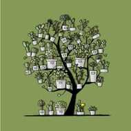 Art tree with plants in pots sketch for your design