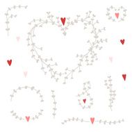 Vector hand drawn set with wreaths and red hearts