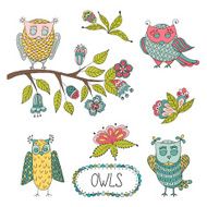 Cute cartoon vector owls flowers brunche N3