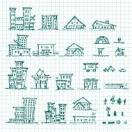 Set of hand drawn houses Different building sketch collection EPS vector