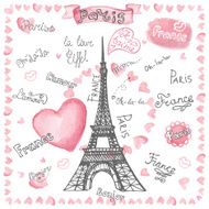 Love in Paris Watercolor hearts lettering Hand drawn painting