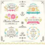 Hand Drawn Flowers and Leaves Design Elements with Frames Badges