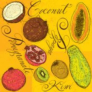 Fruit drawings with calligraphy