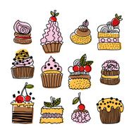 Set of hand drawn doodle cakes desserts