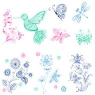 Spring &amp; Summer Doodles - bird butterflies flowers N3