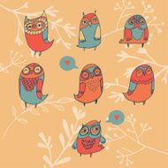 Set of 7 colorfully adorable little owls Vector Illustration N2