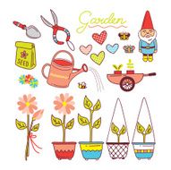 Cute Gardening Items Vector Set in Doodle Style