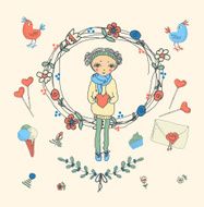 Vintage frames and hand-drawn Love decorative elements set