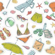 Hand drawn retro summer beach set seamless pattern N2