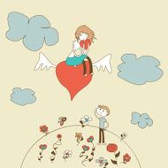 Doodle Girl Flies on the Heart over a Boy vector