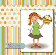 birthday greeting card with girl and big cupcake N22
