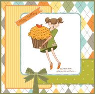 Happy Birthday card with girl and cup cake N22