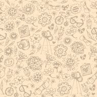 Vintage fashionable things seamless background Heart flower bike camera glasses N2