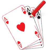 Red Pencil Drawing Ace of Hearts on fanned Playing Cards