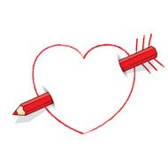 Diagonal Red Pencil Through Heart like an Arrow with Feathers N3