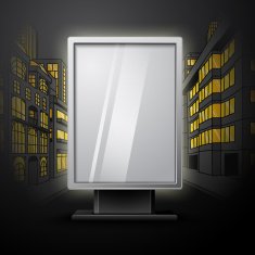 Blank white vertical billboard on night city scape blueprint with