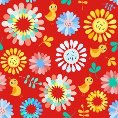 Seamless pattern with cute flowers and birds