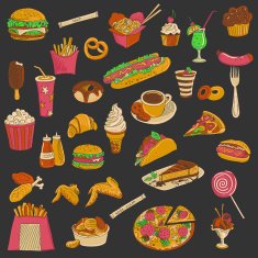 Colored hand drawn fast food icon set