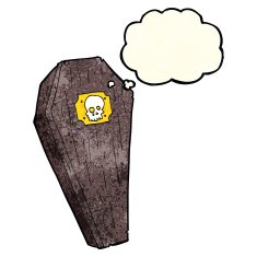 spooky cartoon coffin with thought bubble N18
