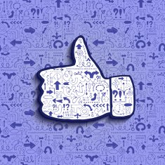 Thumb up icon on arrow filled background blue pen effect