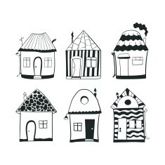 Set sketch black and white outline houses in cartoon style N2