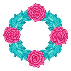 Round pink rose with leaves wreath frame