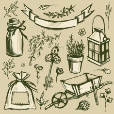 Set of garden tools and florals