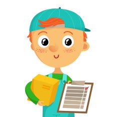 Young delivery man holding box and clipboard isolated on white N2