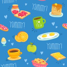 Seamless pattern with various breakfast products N2