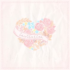 Wedding invitation card with floral heart and ribbon