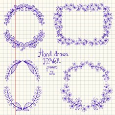 Set of hand drawn monochrome floral frames