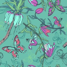 vector seamless pattern with flowers and butterflies