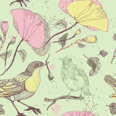 vector seamless pattern with birds and poppies