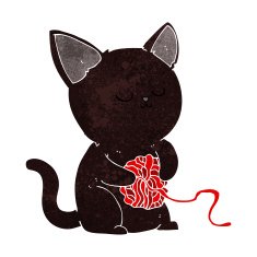 cartoon cute black cat playing with ball of yarn N9