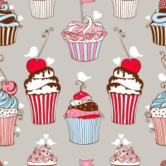 Seamless pattern decorative hand drawn sweet cupcakes