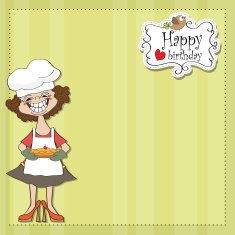 birthday greeting card with funny woman and pie N11