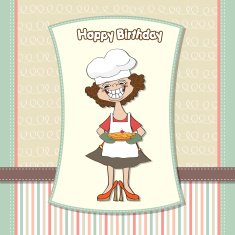 birthday greeting card with funny woman and pie N12