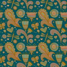 Ornate floral seamless pattern with hearts