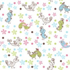 seamless doodle with colorful images of birds and flowers