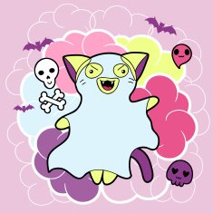 Vector kawaii illustration Halloween cat and creatures