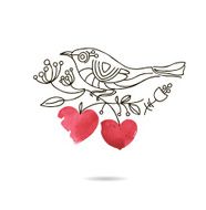 Picture of a bird sitting on branch with hearts