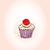 Cupcake cherries and cream Hand drawn sketch on pink background