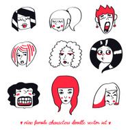 Nine female characters doodle vector set