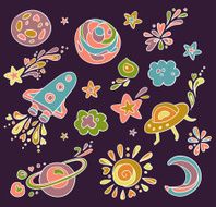 Set of cute space doodle icons (vector)