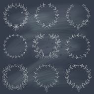 Set of 9 hand drawn wreaths on blackboard