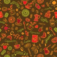 Seamless color doodles background with coffee and bakery products N2
