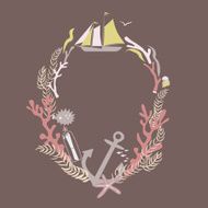 Nautical theme frame with sailing vessel and anchor